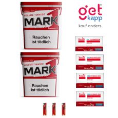 Sparset Mark Adams Tabak 400g Eimer . Zwei rote-weiße Eimer mit Mark 1 Logo, Winston Extra Hülsen und Feuerzeuge.