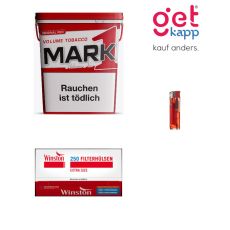 Sparset Mark Adams Tabak 400g Eimer. Ein rot-weiße Eimer mit Mark 1 Logo, Winston Extra Hülsen und Feuerzeug.