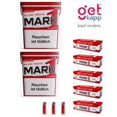 Sparset Mark Adams Tabak 400g Eimer. Zwei rote-weiße Eimer mit schwarz-rotem Mark 1 Logo, Mark 1 Hülsen und Feuerzeuge.