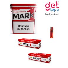 Sparset Mark Adams No.1 Tabak 400g Box. Ein rot-weißer Eimer mit schwarz-rotem Mark 1 Logo, Mark 1 Hülsen und Feuerzeug.