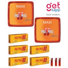 Sparset Tabak Pall Mall Allround Giga Box. Zwei große orange-rote Eimer mit Pall Mall Logo, Hülsen und Feuerzeuge.