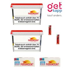 Sparset Tabak Paramount Mega Box M. Zwei weiße Eimer mit Logo und Paraomount Hülsen und Feuerzeugen.