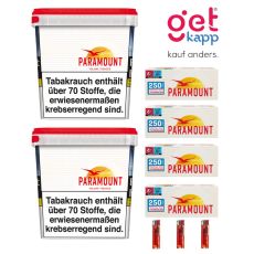 Sparset Tabak Paramount Titan Box. Zwei große weiße Eimer mit Logo und Paraomount Hülsen und Feuerzeugen.