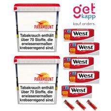 Sparset Tabak Paramount Titan Box. Zwei große weiße Eimer mit Paramont Logo mit West Hülsen und Feuerzeugen.