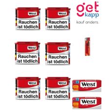 Sparset Tabak West Red Dose M 6er. Sechs rot-graue Dosen mit West Logo, West Red 200 Hülsen und Feuerzeug.