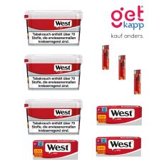 Sparset Tabak West Mega Box Eimer. Drei rot-graue Eimer mit West Logo mit West Yellow 250 Hülsen und Feuerzeuge.