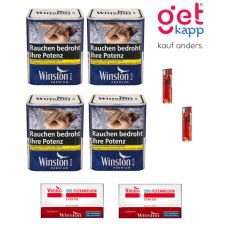 Sparset Tabak Winston Premium Blau S. Vier blaue Dosen mit Winston 250 Extra Hülsen und Feuerzeugen.