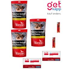 Sparset Tabak Winston Rot Beutel XXL. Drei rote Beutel mit Winston 250 Extra Hülsen und Feuerzeuge.