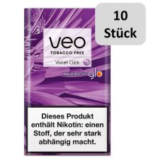 Stange Veo Herbal Sticks Violet Click. Lila-marmorierte Packung mit Veo und Glo Logo und 10 Stück Bottom.