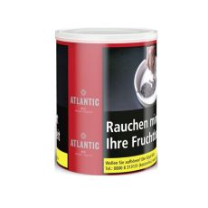 Dose Tabak Atlantic Red. Rote mittelgroße Dose mit silbernen Atlantic Logo und Aschenbecher mit Babybild aus Asche.