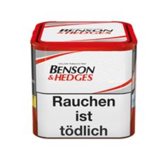 Dose Tabak Benson & Hedges. Weiße Dose mit rot-schwarzer Benson & Hedges Aufschrift.