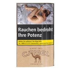 Pouch Tabak Camel Essential. Beiges Päckchen mit brauner Camel Aufschrift und braunes Dromedar.