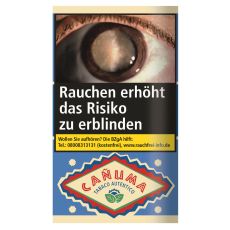 Pouch Canuma Bright Feinschnitt-Tabak. Blaues Päckchen mit blau-rotem Canuma Logo.