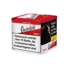 Dose Chesterfield Tabak Rot 43g. Rot-weiße Dose mit schwarzer Chesterfield Aufschrift.