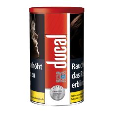 Dose Tabak Ducal Rot 190g. Rote Dose mit weißer Ducal Aufschrift und Logo mit Löwen.