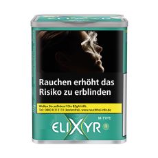 Dose Tabak Elixyr+ Green M-Type. Hellgrüne Dose mit Elixyr+ Aufschrift und hervorgehobenes weißes X.