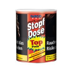 Dose Tabak Fargo Stopf Dose Rot. Rot-gelbe Dose mit weißem Stopf Dose und blauem Fargo Logo.