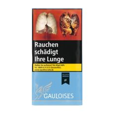 Pouch Tabak Gauloises Melange Original. Hellblaues Päckchen mit weißem Gauloises Logo und Warnhinweis.