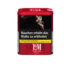 Dose L&M Tabak Rot XL. Rote Dose mit weißem L&M Logo mit Löwen und Warnhinweis.