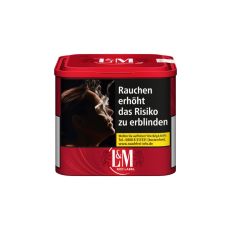 Dose L&M Tabak Rot M . Rote Dose mit weißem L&M Logo mit Löwen und Warnhinweis.