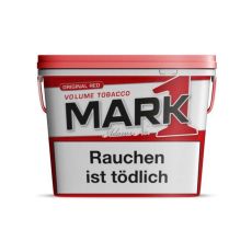 Eimer Tabak Mark Adams No. 1 Original Red. Roter-weißer Eimer mit schwarz-rotem Mark 1 Logo und Warnhinweis.