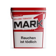 Eimer Tabak Mark Adams No. 1 Original Red. Roter-weißer Eimer mit schwarz-rotem Mark 1 Logo und Warnhinweis.