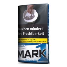 Pouch Tabak Mark Adams No. 1 Halfzware 30g. Blaues Päckchen mit schwarz-blauer Mark Eins Aufschrift.