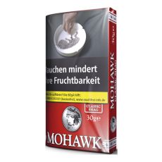 Pouch Tabak Mohawk Classic Shag Rot. Rote Packung mit weißer Mohawk Aufschrift und Indianer.