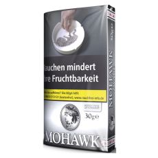 Pouch Tabak Mohawk Zware Shag. Grau-weiße Packung mit weißer Mohawk Aufschrift und Indianer.