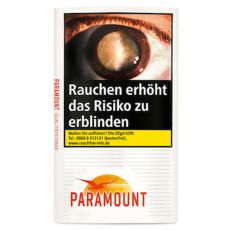 Pouch Paramount  Tabak. Weißes Päckchen mit rotem Paramount Logo und Sonne mit Vogel.