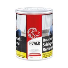 Dose Tabak Power Red American Blend. Rote Dose mit silbernen Löwenkopf und schwarzer Power Aufschrift.