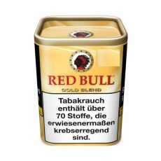 Dose Tabak Red Bull Gold Blend Feinschnitt 120g. Gelbe Dose mit roter Red Bull Aufschrift und Indianer.