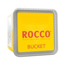 Eimer Tabak Rocco High Volume Bucket-Box. Großer gelber Eimer mit rotem Rocco und Bucket Aufschrift.