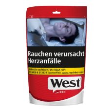 Beutel Tabak West Red. Großer rot-grauer Beutel mit schwarz-weisem West Logo und Warnaufschrift.