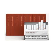 Stange Tabaksticks IQOS HEETS Bronze Selection 200 Stück. Zehn braune Packungen mit Sticks im Vordergrund.