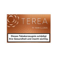 Packung Tabaksticks IQOS Terea Amber. Hellbraune Packung mit silbener Terea und Iluma Aufschrift.