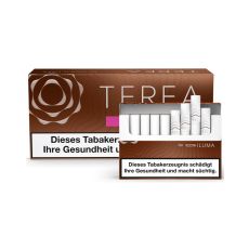 Stange Tabaksticks IQOS Terea Bronze 200 Stück. Dunkelbraune Packungen mit Tabaksticks im Vordergrund. 