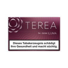 Packung Tabaksticks IQOS Terea Russet. Weinrote Packung mit silbener Terea und Iluma Aufschrift.