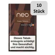 Stange Tabaksticks Neo Classic Tobacco. Braun-schwarz mamorierte Schachtel mit Neo und Glo Logo mit 10 Stück Botton.