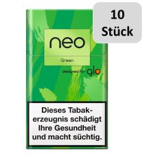 Stange Neo Tabaksticks Green. Grün-marmorierte Packung mit Neo und Glo Logo und 10 Stück Botton