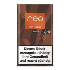 Packung  Tabaksticks Neo Rich Tobacco. Braun-hellbraun mamorierte Schachtel mit orangen Neo Logo.