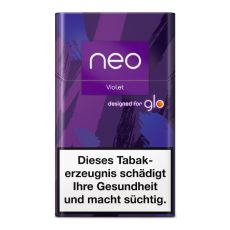 Packung Tabaksticks Violet. Lila-Blaue mamorierte Packung mit Neo und Glo Logo.