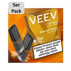 Veev One Liquid Pods Balanced Tobacco. Okerfarbende Packung mit grauem 5er Pack Bottom und schwarzem Liquid Pods.