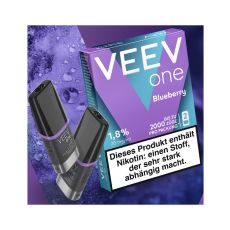 Packung Veev One Liquid Pods Blueberry. Blau-lila Packung mit weißer Veev One Aufschrift und schwarze Pods.