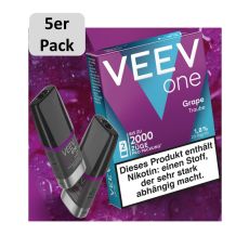 Veev One Liquid Pods Grape. Blau-lila Packung mit grauem 5er Pack Bottom und schwarzem Liquid Pods.