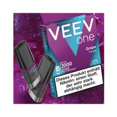 Packung Veev One Liquid Pods Grape. Blau-lila Packung mit weißer Veev One Aufschrift und schwarze Pods.