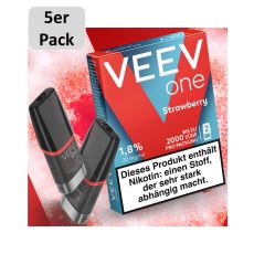 Veev One Liquid Pods Strawberry. Blau-rote Packung mit grauem 5er Pack Bottom und schwarzem Liquid Pods.