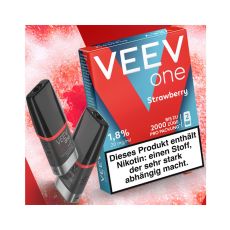 Packung Veev One Liquid Pods Strawberry. Blau-rote Packung mit weißer Veev One Aufschrift und schwarze Pods.