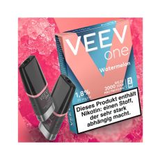 Packung Veev One Liquid Pods Watermelon. Blau-rosa Packung mit weißer Veev One Aufschrift und schwarze Pods.