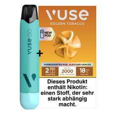 Aktion Vuse Go Reloaded 1+1 Pen Aqua und Vuse Pods Golden Tobacco Packung. 